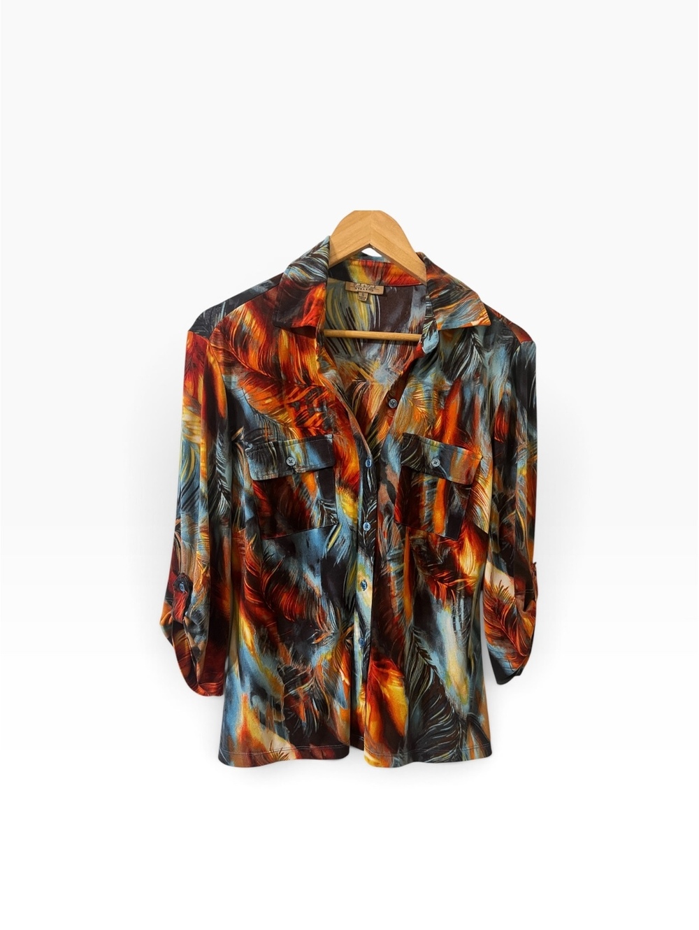Pick & Peek Weekend Women's Button-Up Blouse Size Small Multicolor Feather Print